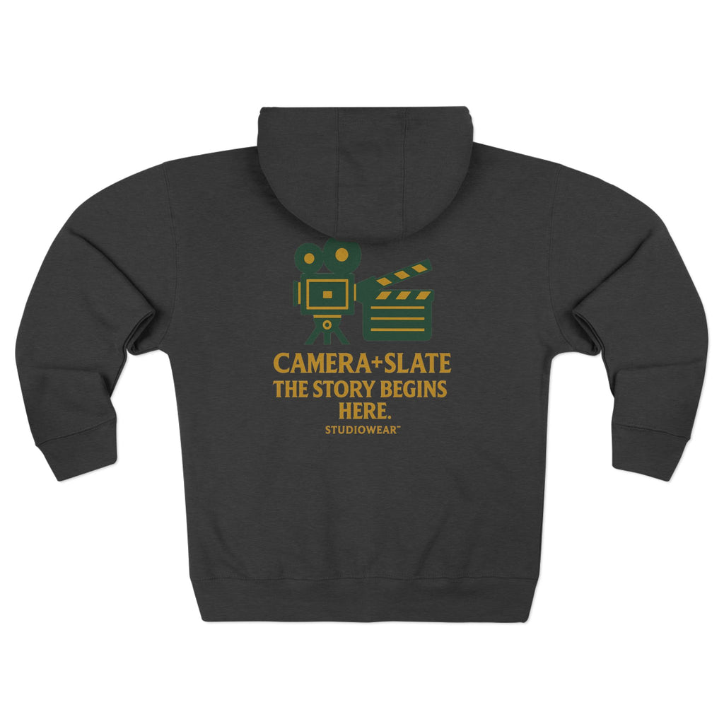 Camera & Slate Zip Hoodie — “The Story Begins Here” Filmmaker Hooded Jacket