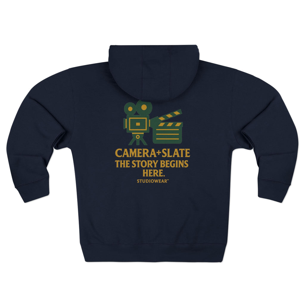 Camera & Slate Zip Hoodie — “The Story Begins Here” Filmmaker Hooded Jacket