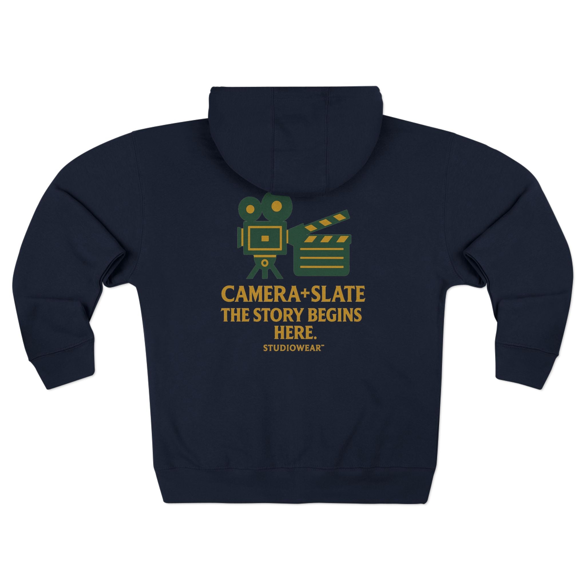 Camera & Slate Zip Hoodie — “The Story Begins Here” Filmmaker Hooded Jacket