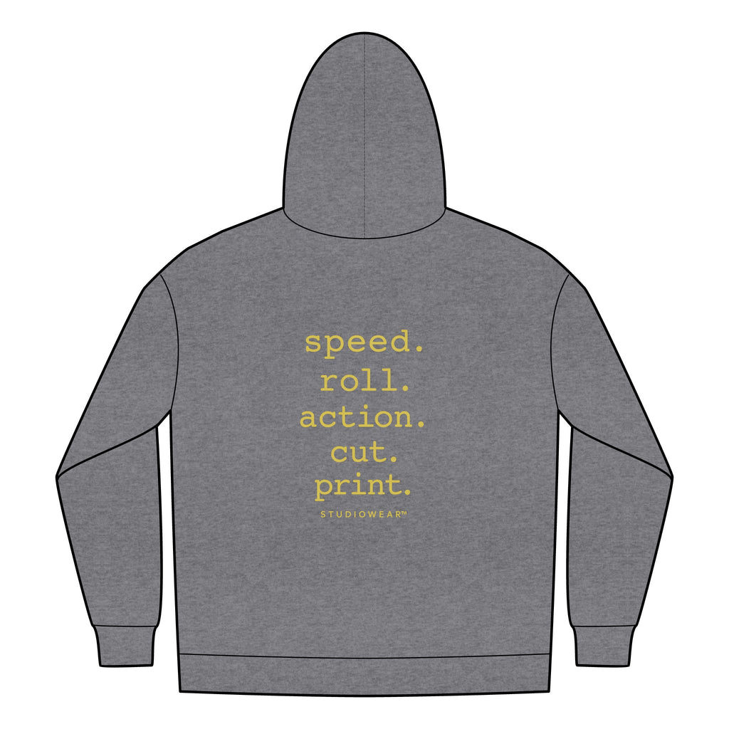 Full-Zip Hoodie — "speed. roll. action. cut. print." Back Graphic