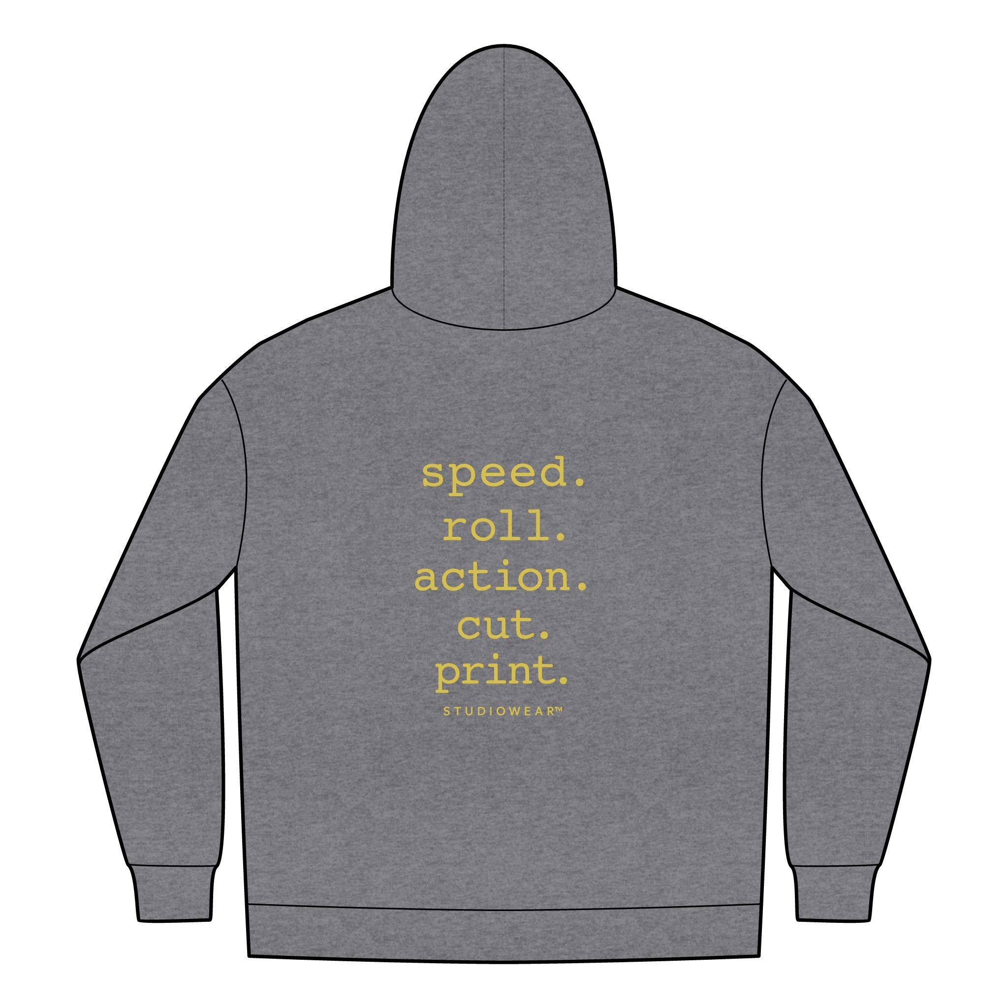 Full-Zip Hoodie — "speed. roll. action. cut. print." Back Graphic