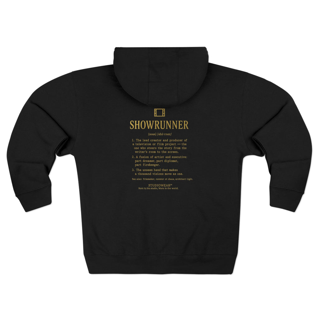 Showrunner Zip Hoodie — Minimalist Back Print Crew Zip-Up for TV & Film Fans