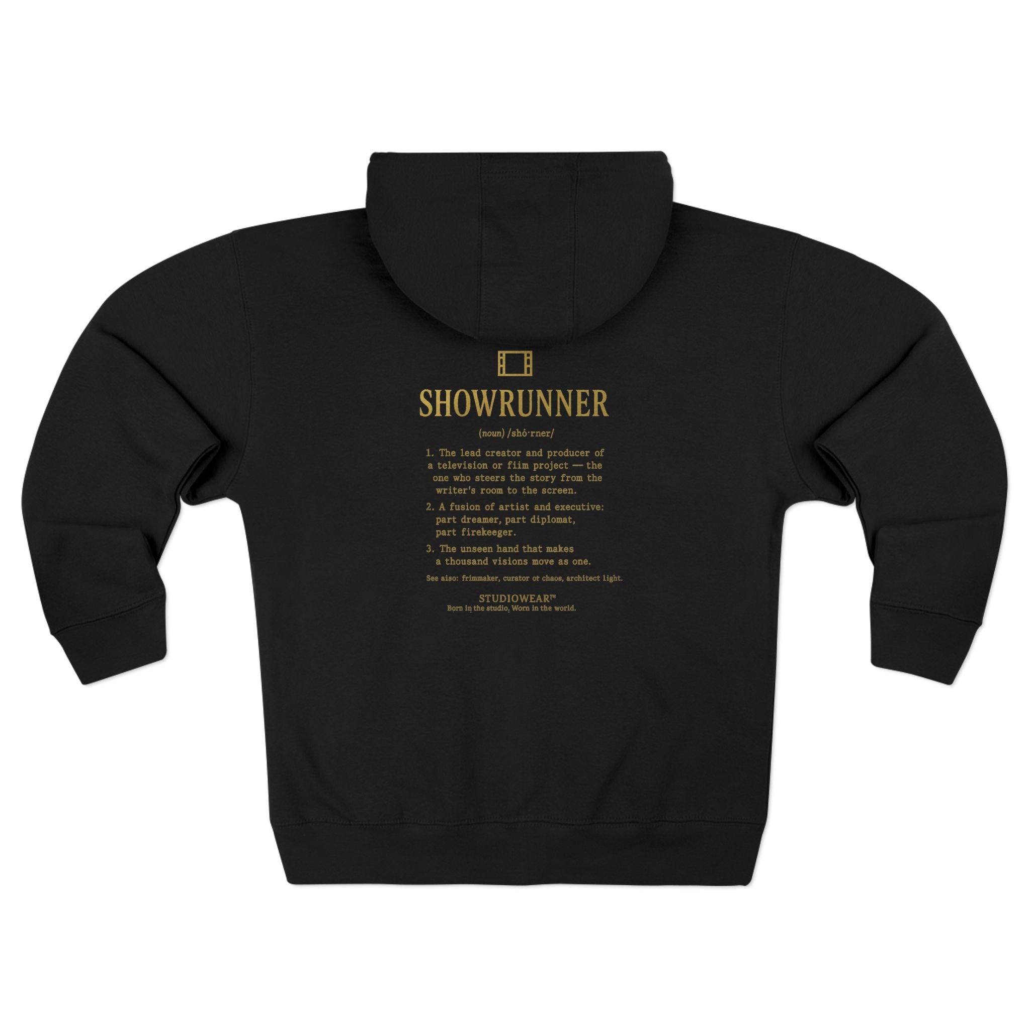 Showrunner Zip Hoodie — Minimalist Back Print Crew Zip-Up for TV & Film Fans