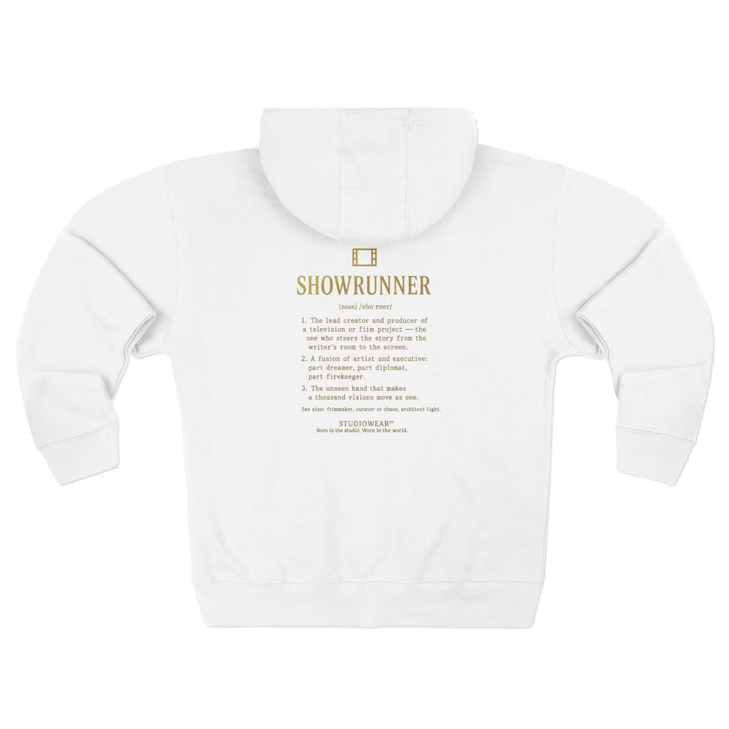 Showrunner Zip Hoodie — Minimalist Back Print Crew Zip-Up for TV & Film Fans