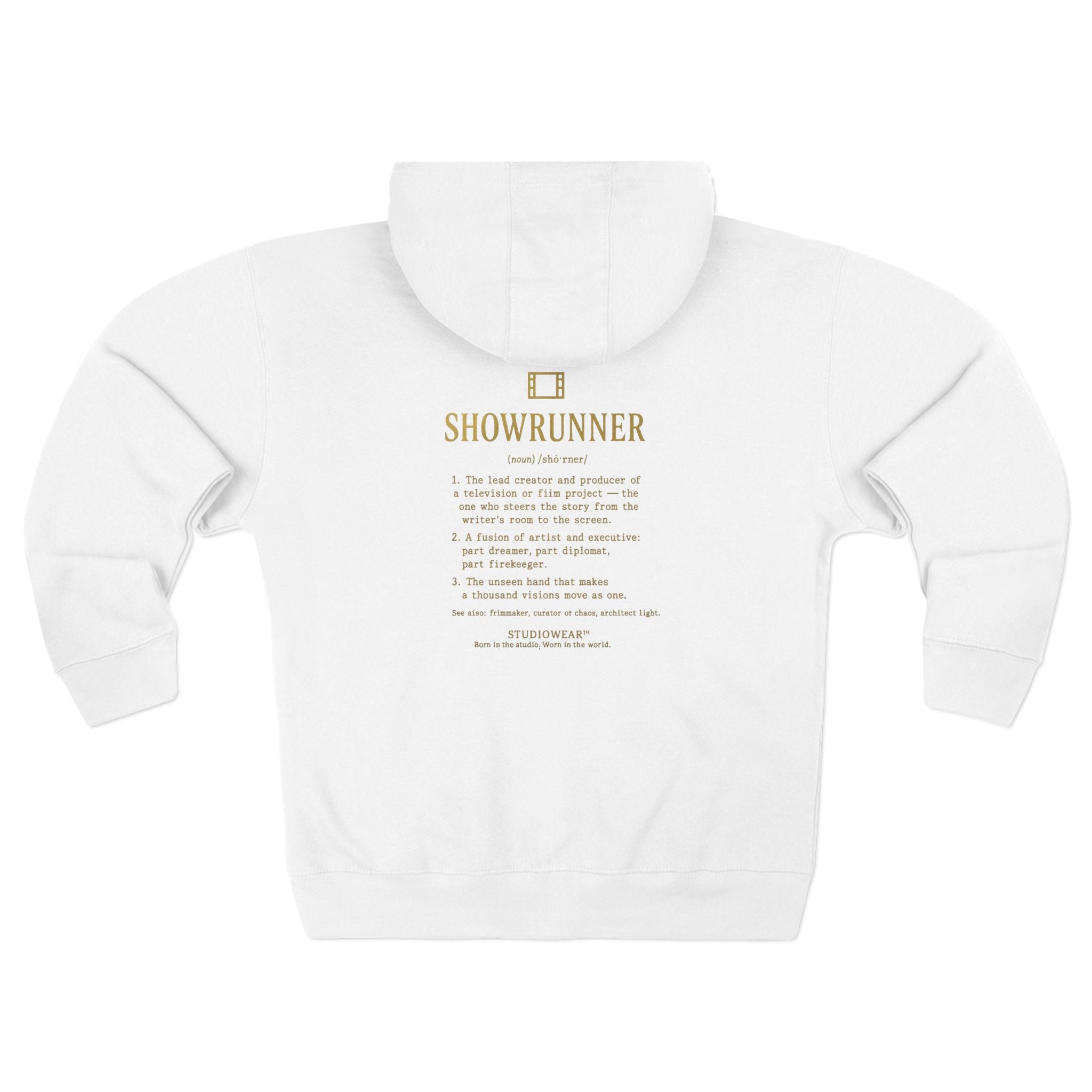 Showrunner Zip Hoodie — Minimalist Back Print Crew Zip-Up for TV & Film Fans