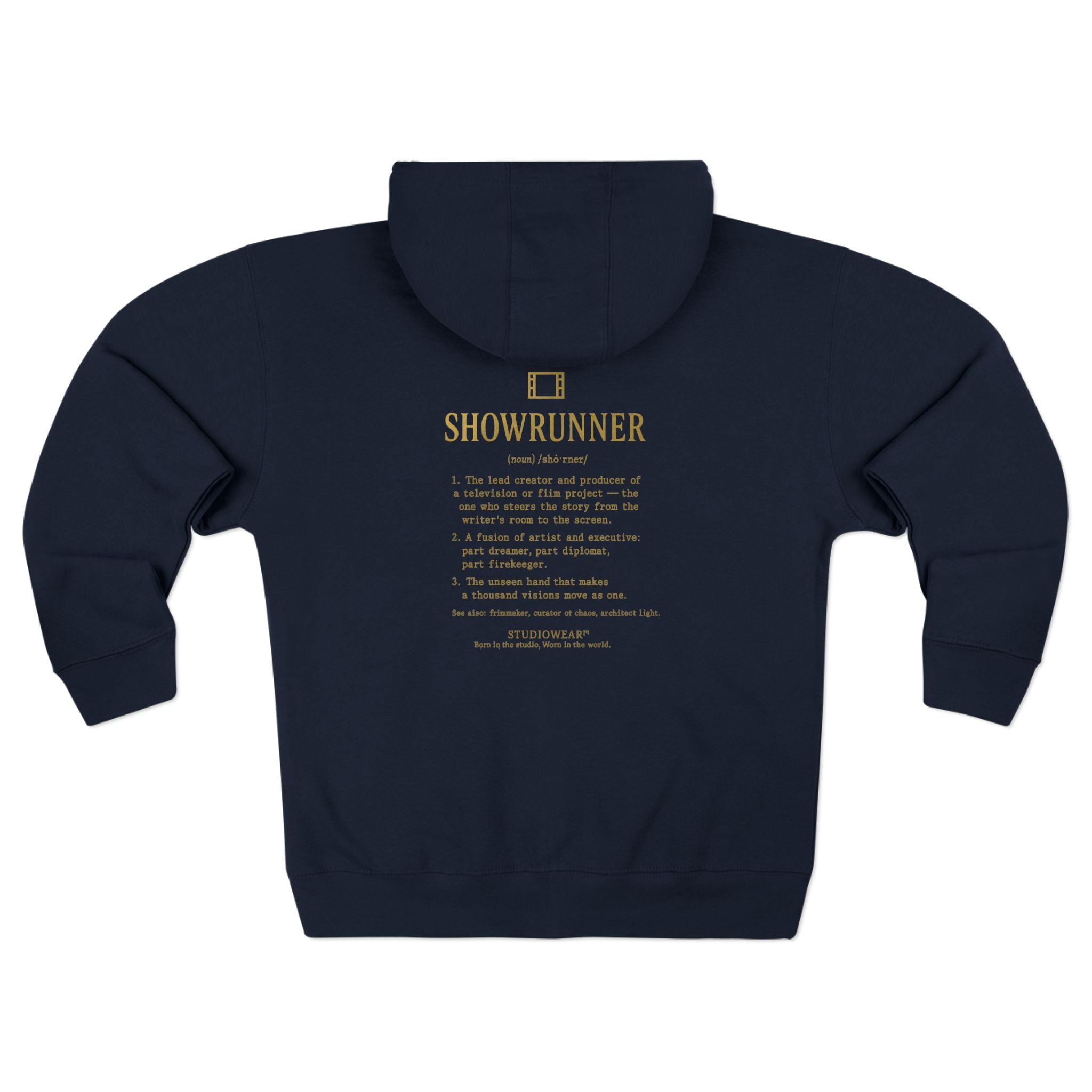 Showrunner Zip Hoodie — Minimalist Back Print Crew Zip-Up for TV & Film Fans