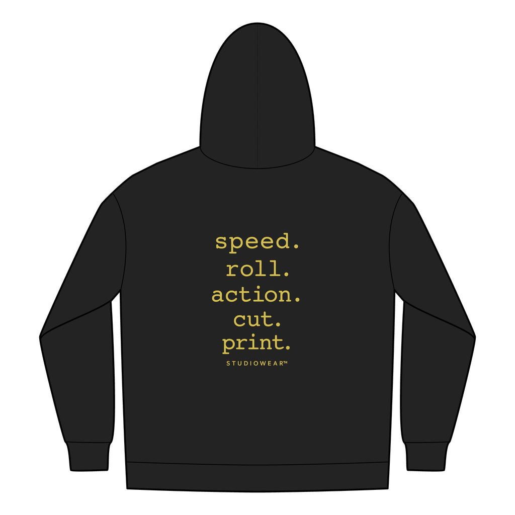 Full-Zip Hoodie — "speed. roll. action. cut. print." Back Graphic