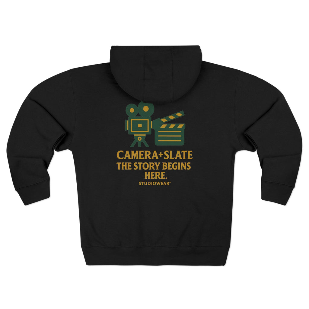 Camera & Slate Zip Hoodie — “The Story Begins Here” Filmmaker Hooded Jacket
